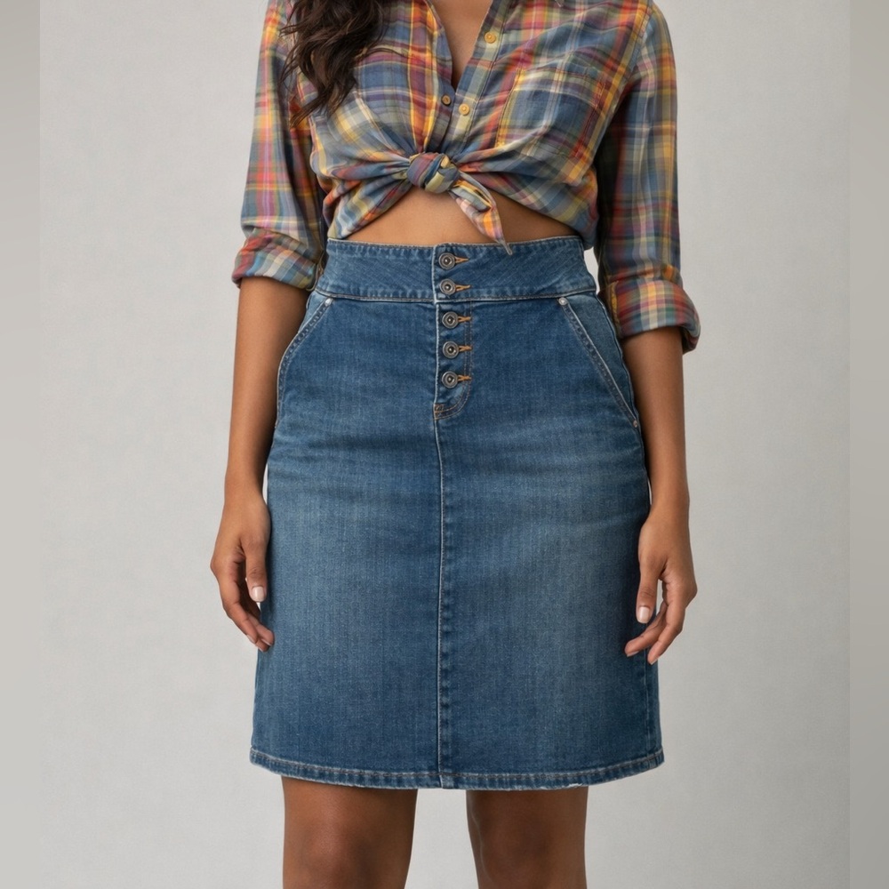 Prana Aubrey Denim Skirt Button Front Organic Cotton Medium Wash | Size 6